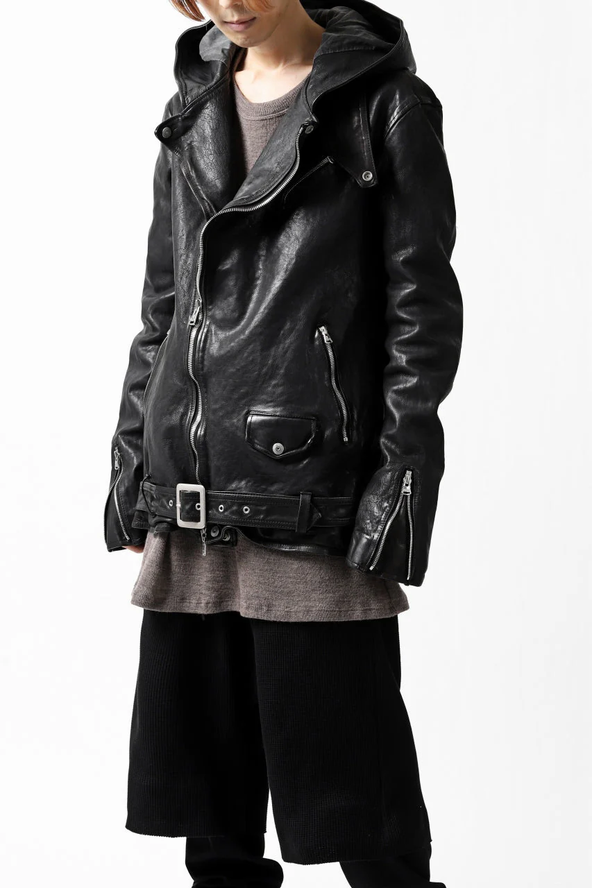 ISAMU KATAYAMA BACKLASH HOODED RIDERS JACKET / GARMENT WASHED JP CALF (BLACK) - Image 54