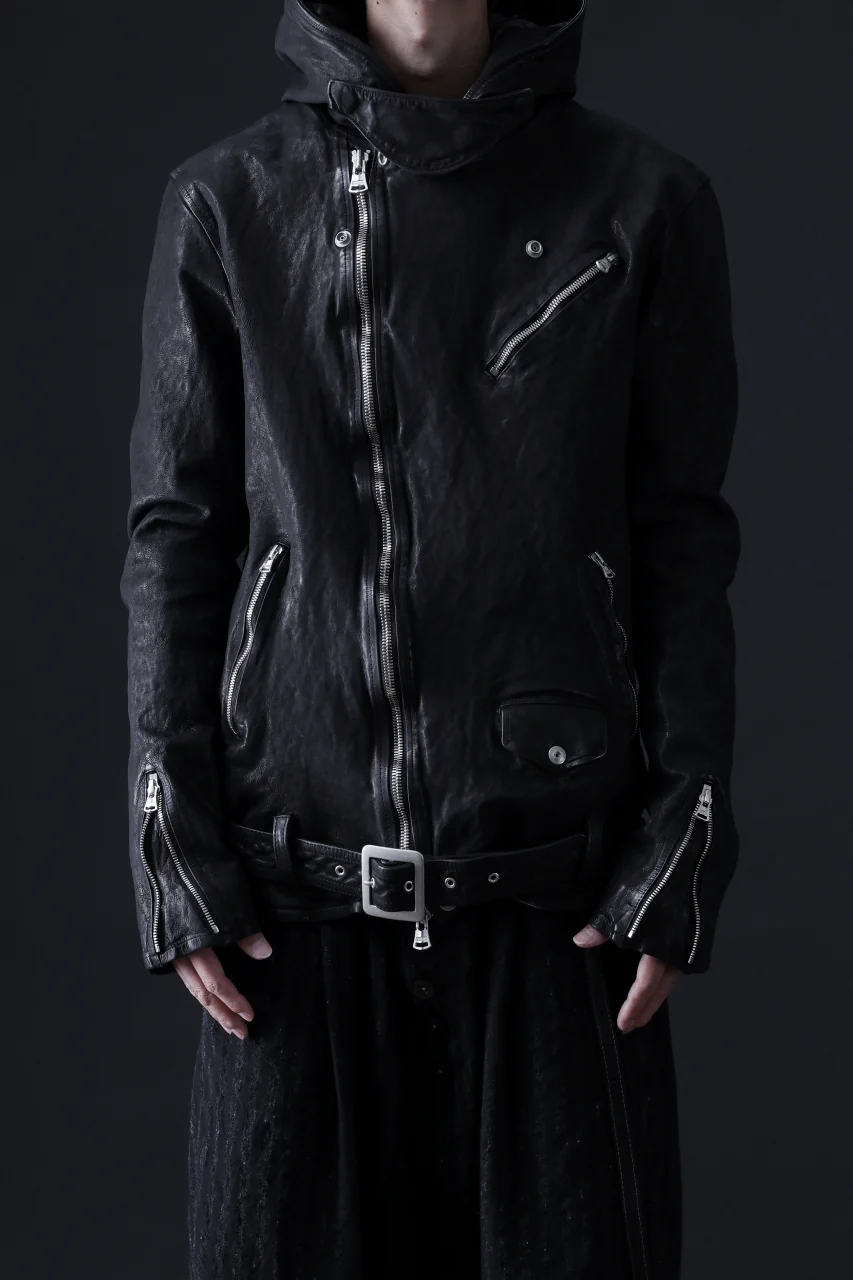 ISAMU KATAYAMA BACKLASH HOODED RIDERS JACKET / GARMENT WASHED JP CALF (BLACK) - Image 59