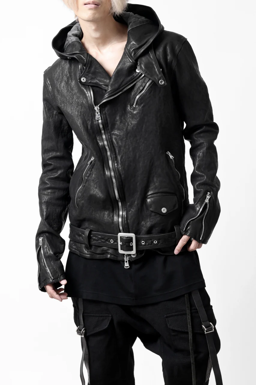 ISAMU KATAYAMA BACKLASH HOODED RIDERS JACKET / GARMENT WASHED JP CALF (BLACK) - Image 7