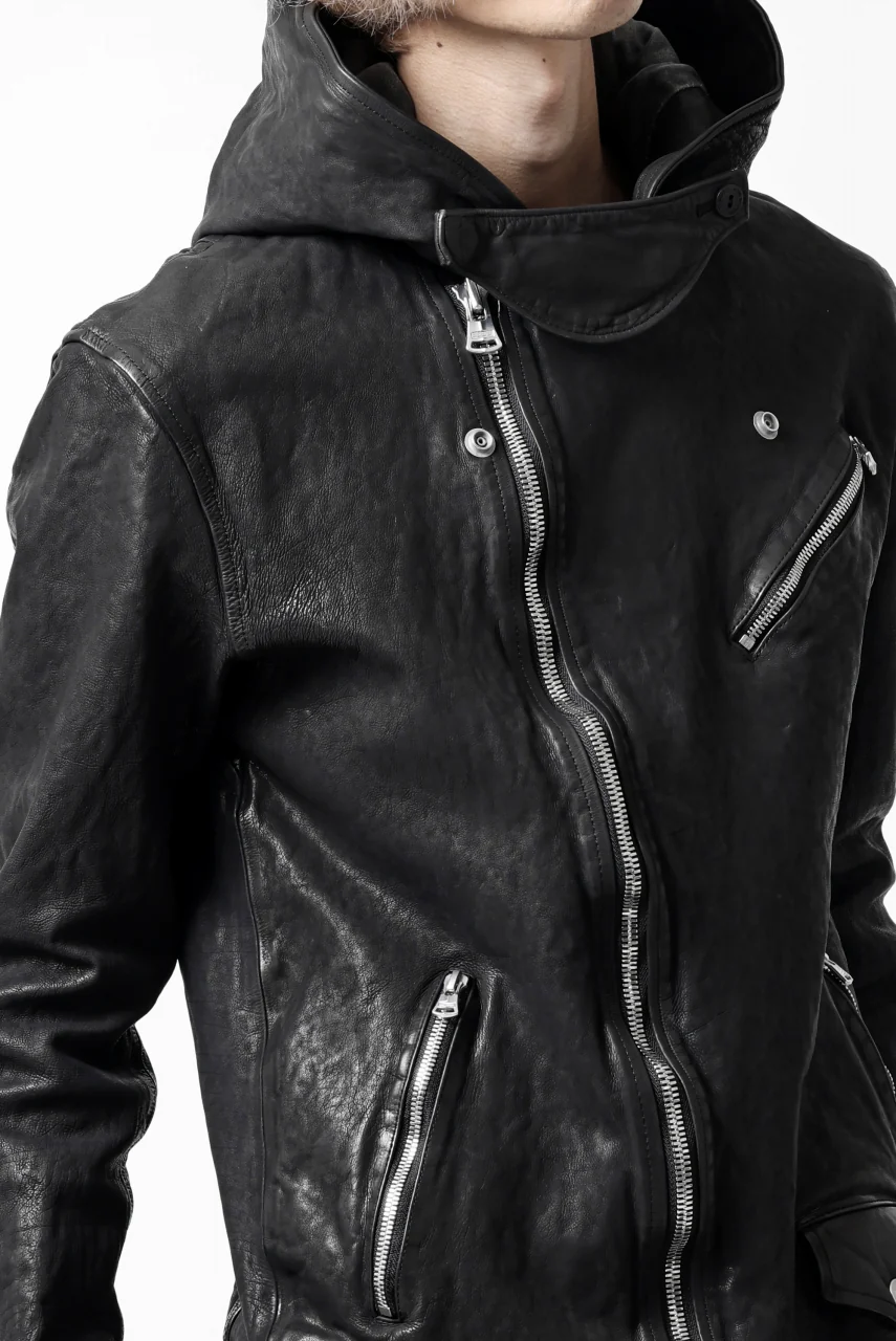 ISAMU KATAYAMA BACKLASH HOODED RIDERS JACKET / GARMENT WASHED JP CALF (BLACK) - Image 77