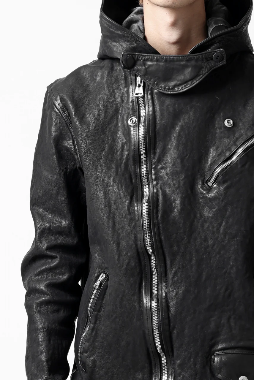 ISAMU KATAYAMA BACKLASH HOODED RIDERS JACKET / GARMENT WASHED JP CALF (BLACK) - Image 78