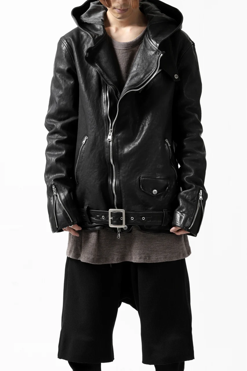 ISAMU KATAYAMA BACKLASH HOODED RIDERS JACKET / JP-CALF GARMENT WASHED (BLACK) - Image 3