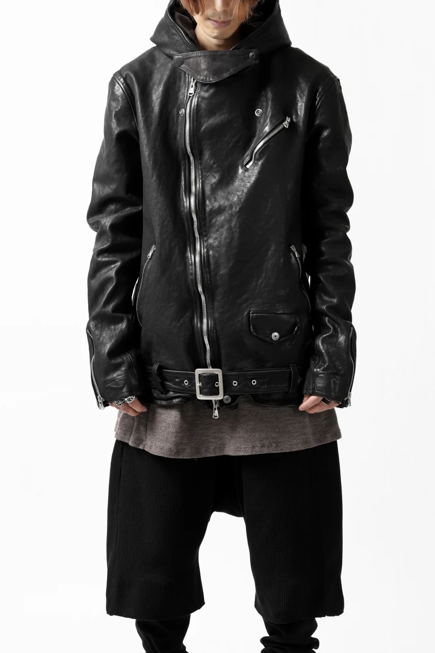 ISAMU KATAYAMA BACKLASH HOODED RIDERS JACKET / JP-CALF GARMENT WASHED (BLACK) - Image 4