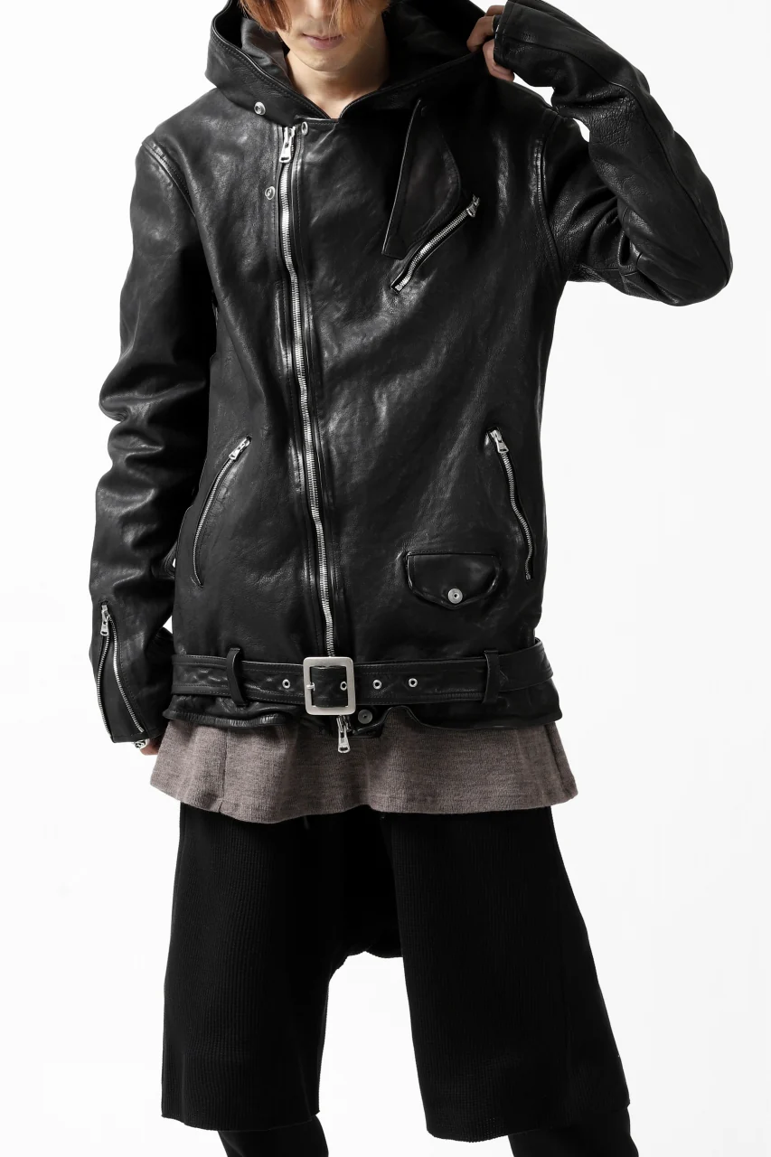 ISAMU KATAYAMA BACKLASH HOODED RIDERS JACKET / JP-CALF GARMENT WASHED (BLACK) - Image 5