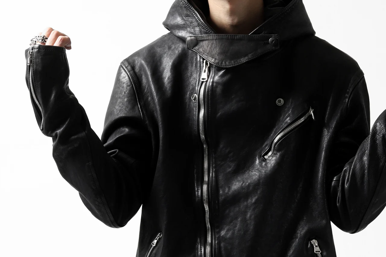 ISAMU KATAYAMA BACKLASH HOODED RIDERS JACKET / JP-CALF GARMENT WASHED (BLACK) - Image 56