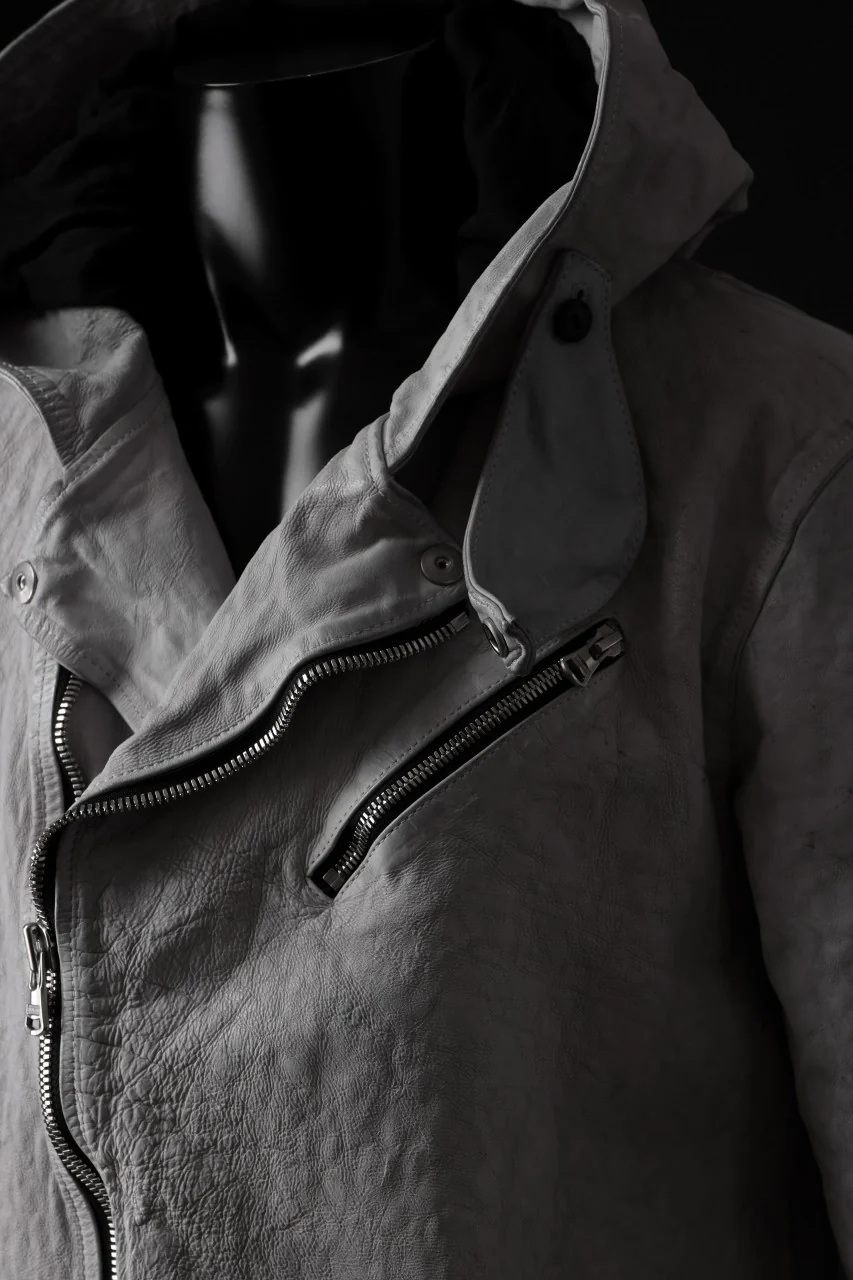 ISAMU KATAYAMA BACKLASH HOODED RIDERS JACKET / NATURAL DYED - GARMENT WASHED JP CALF (WHITE) - Image 19