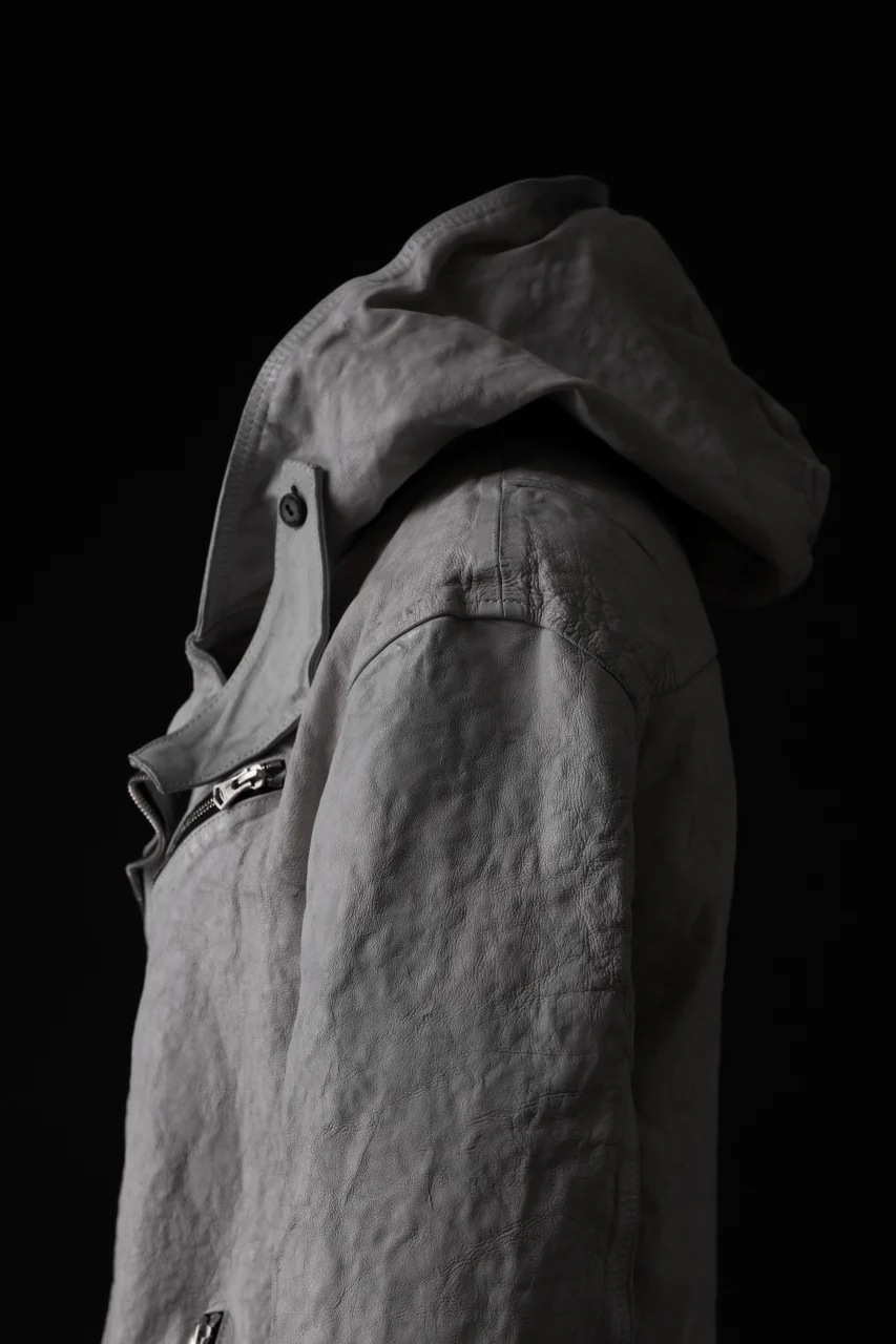 ISAMU KATAYAMA BACKLASH HOODED RIDERS JACKET / NATURAL DYED - GARMENT WASHED JP CALF (WHITE) - Image 24