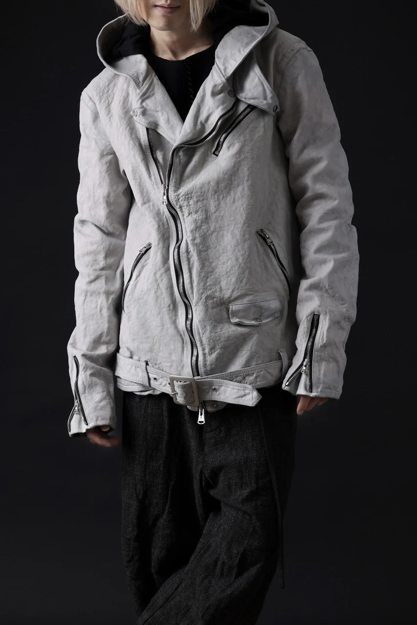 ISAMU KATAYAMA BACKLASH HOODED RIDERS JACKET / NATURAL DYED - GARMENT WASHED JP CALF (WHITE) - Image 3
