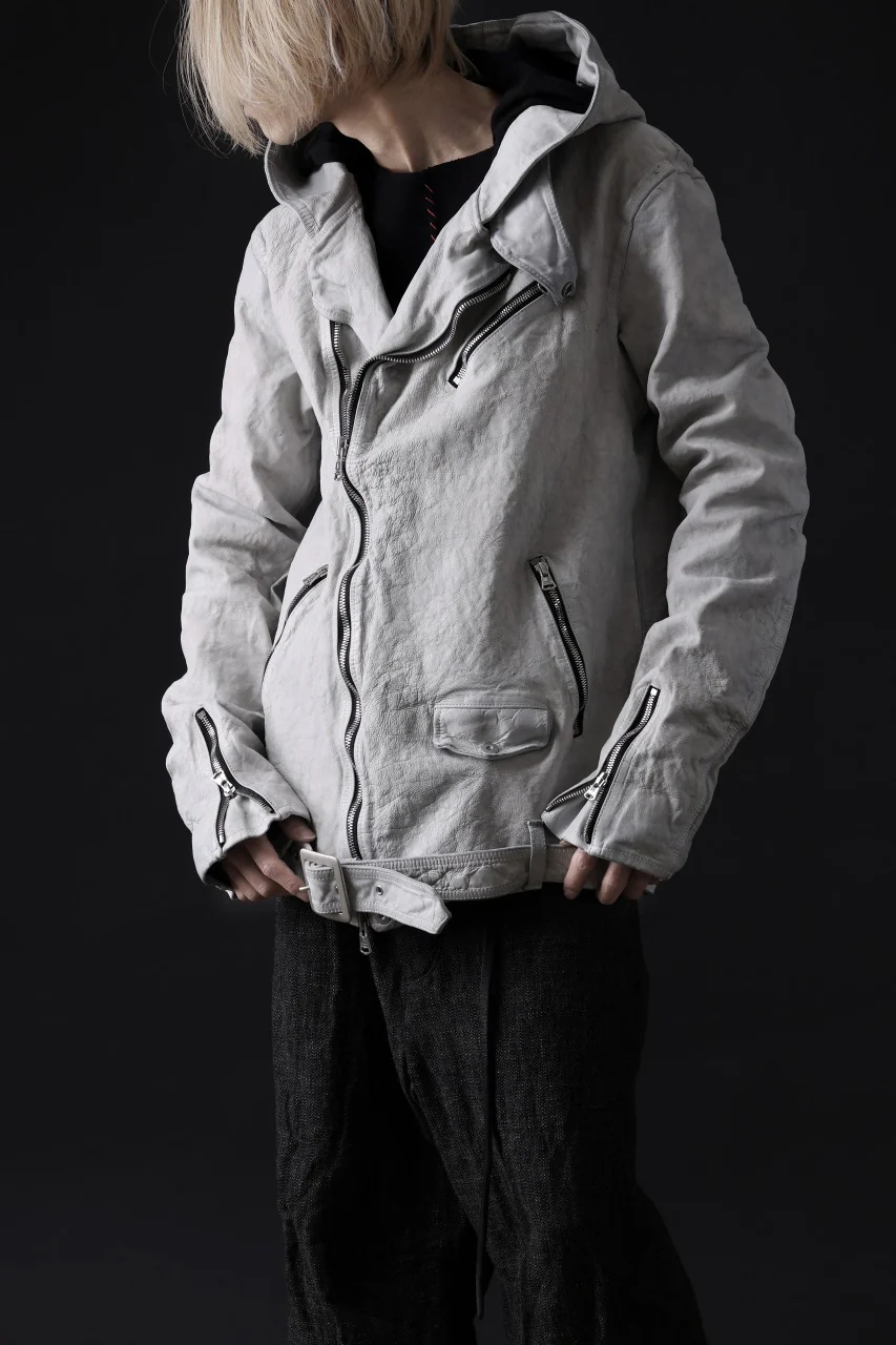 ISAMU KATAYAMA BACKLASH HOODED RIDERS JACKET / NATURAL DYED - GARMENT WASHED JP CALF (WHITE) - Image 34