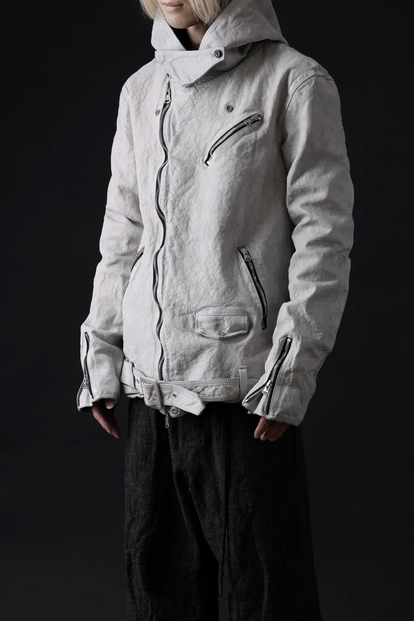 ISAMU KATAYAMA BACKLASH HOODED RIDERS JACKET / NATURAL DYED - GARMENT WASHED JP CALF (WHITE) - Image 35
