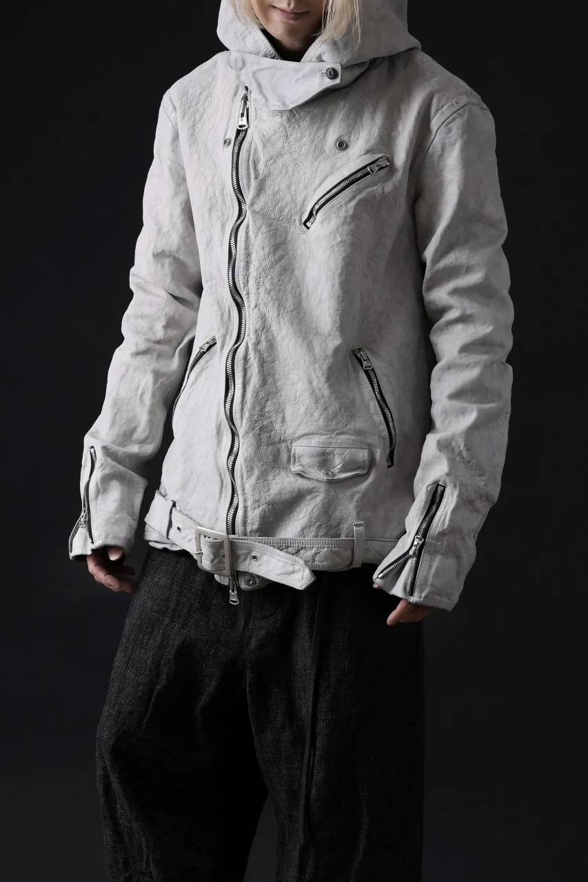 ISAMU KATAYAMA BACKLASH HOODED RIDERS JACKET / NATURAL DYED - GARMENT WASHED JP CALF (WHITE) - Image 36