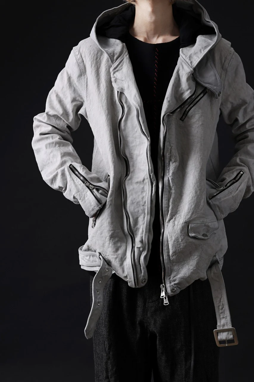 ISAMU KATAYAMA BACKLASH HOODED RIDERS JACKET / NATURAL DYED - GARMENT WASHED JP CALF (WHITE) - Image 42