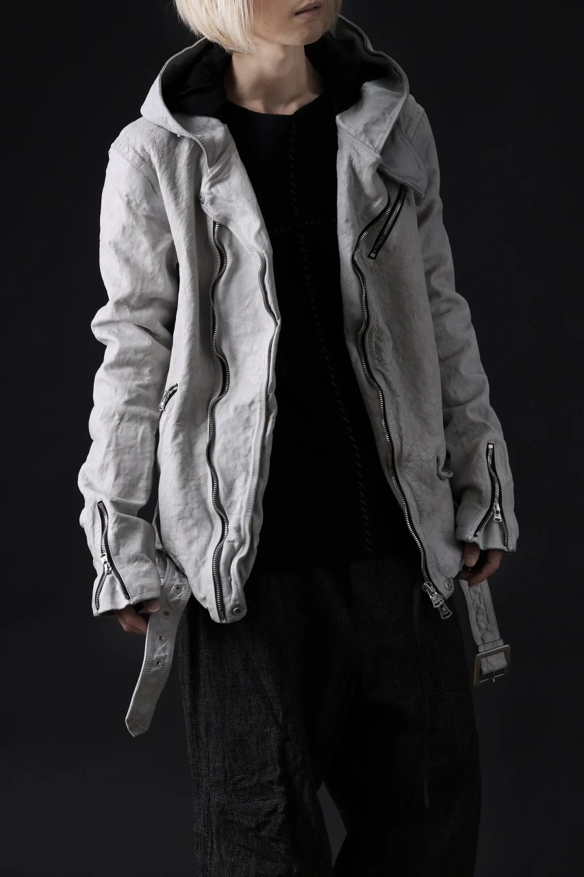 ISAMU KATAYAMA BACKLASH HOODED RIDERS JACKET / NATURAL DYED - GARMENT WASHED JP CALF (WHITE) - Image 44