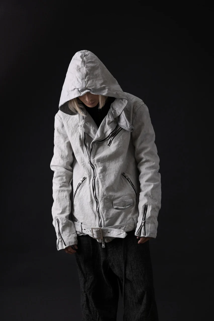 ISAMU KATAYAMA BACKLASH HOODED RIDERS JACKET / NATURAL DYED - GARMENT WASHED JP CALF (WHITE) - Image 47