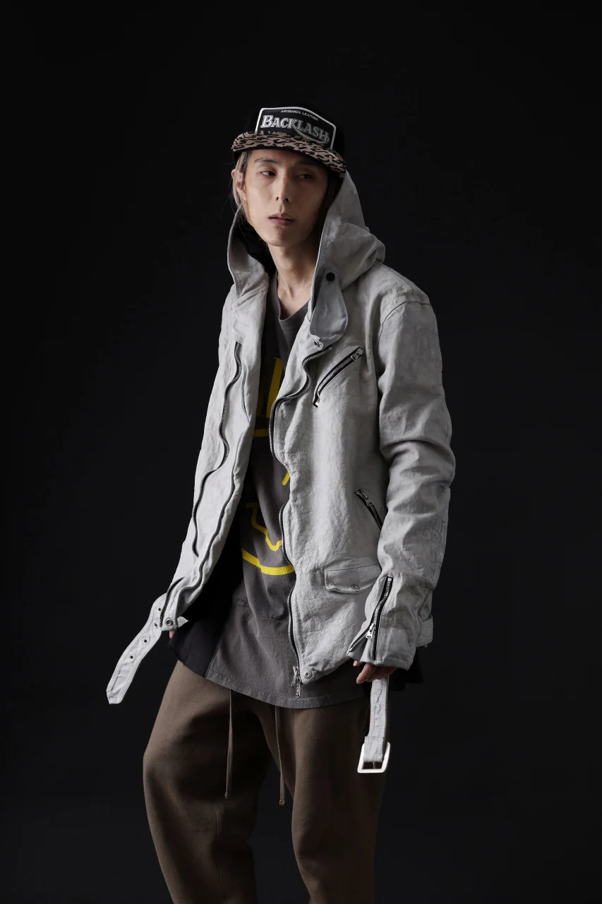 ISAMU KATAYAMA BACKLASH HOODED RIDERS JACKET / NATURAL DYED - GARMENT WASHED JP CALF (WHITE) - Image 49