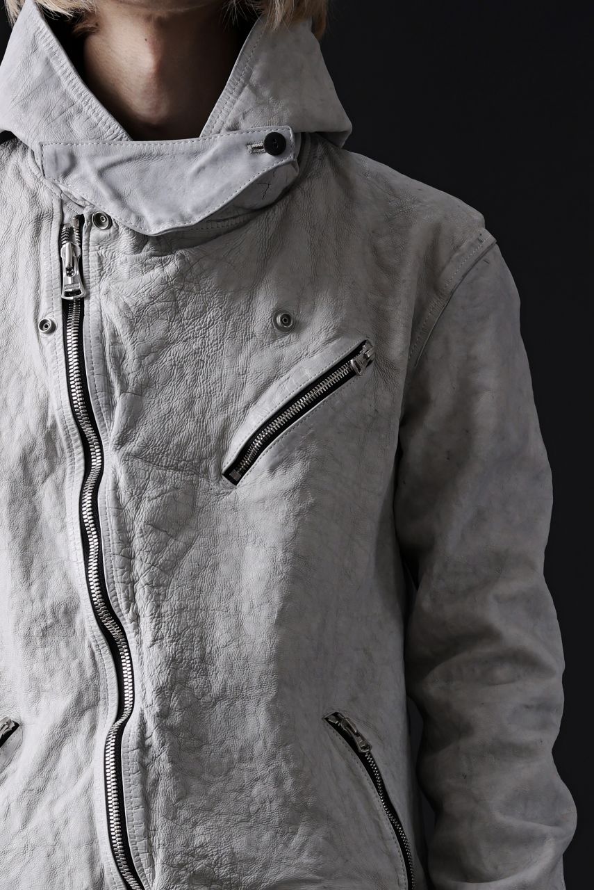 ISAMU KATAYAMA BACKLASH HOODED RIDERS JACKET / NATURAL DYED - GARMENT WASHED JP CALF (WHITE) - Image 57