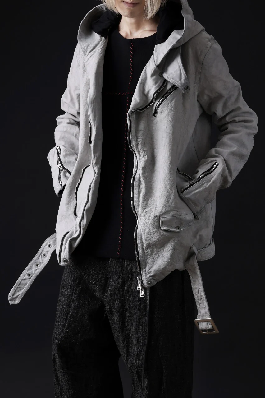 ISAMU KATAYAMA BACKLASH HOODED RIDERS JACKET / NATURAL DYED - GARMENT WASHED JP CALF (WHITE) - Image 6