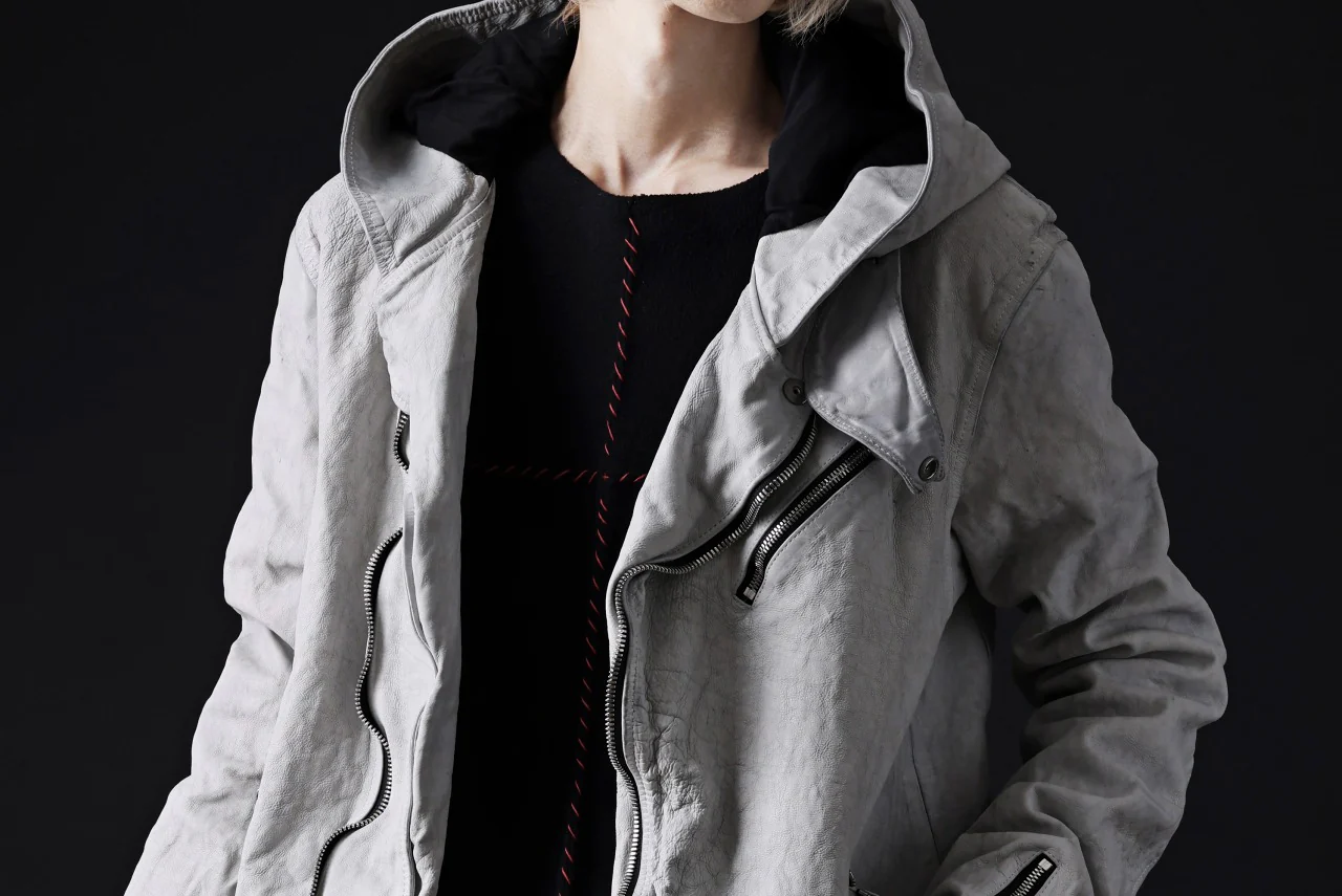 ISAMU KATAYAMA BACKLASH HOODED RIDERS JACKET / NATURAL DYED - GARMENT WASHED JP CALF (WHITE) - Image 63