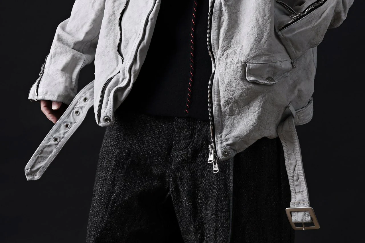 ISAMU KATAYAMA BACKLASH HOODED RIDERS JACKET / NATURAL DYED - GARMENT WASHED JP CALF (WHITE) - Image 65