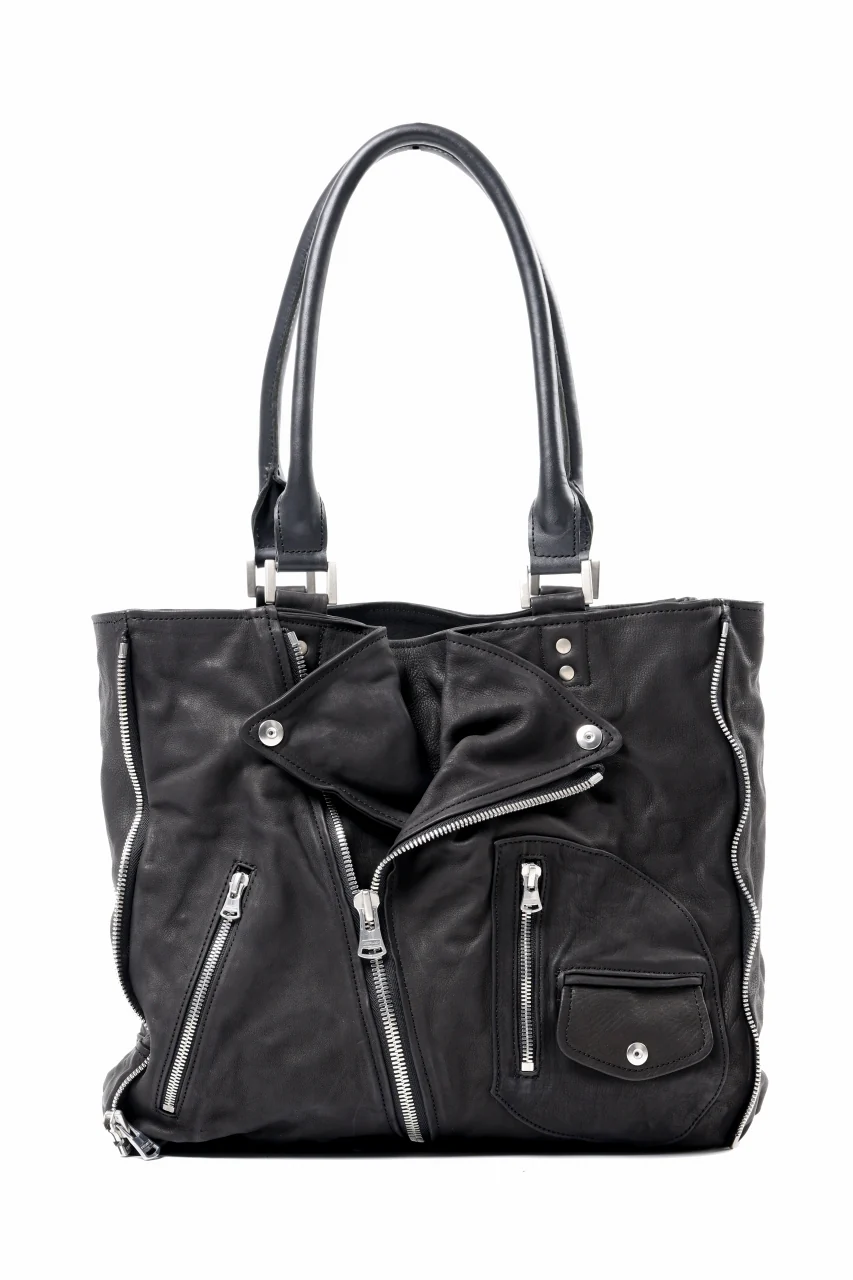 ISAMU KATAYAMA BACKLASH JAPAN CALF GARMENT-WASH RIDERS TOTE BAG (BLACK)