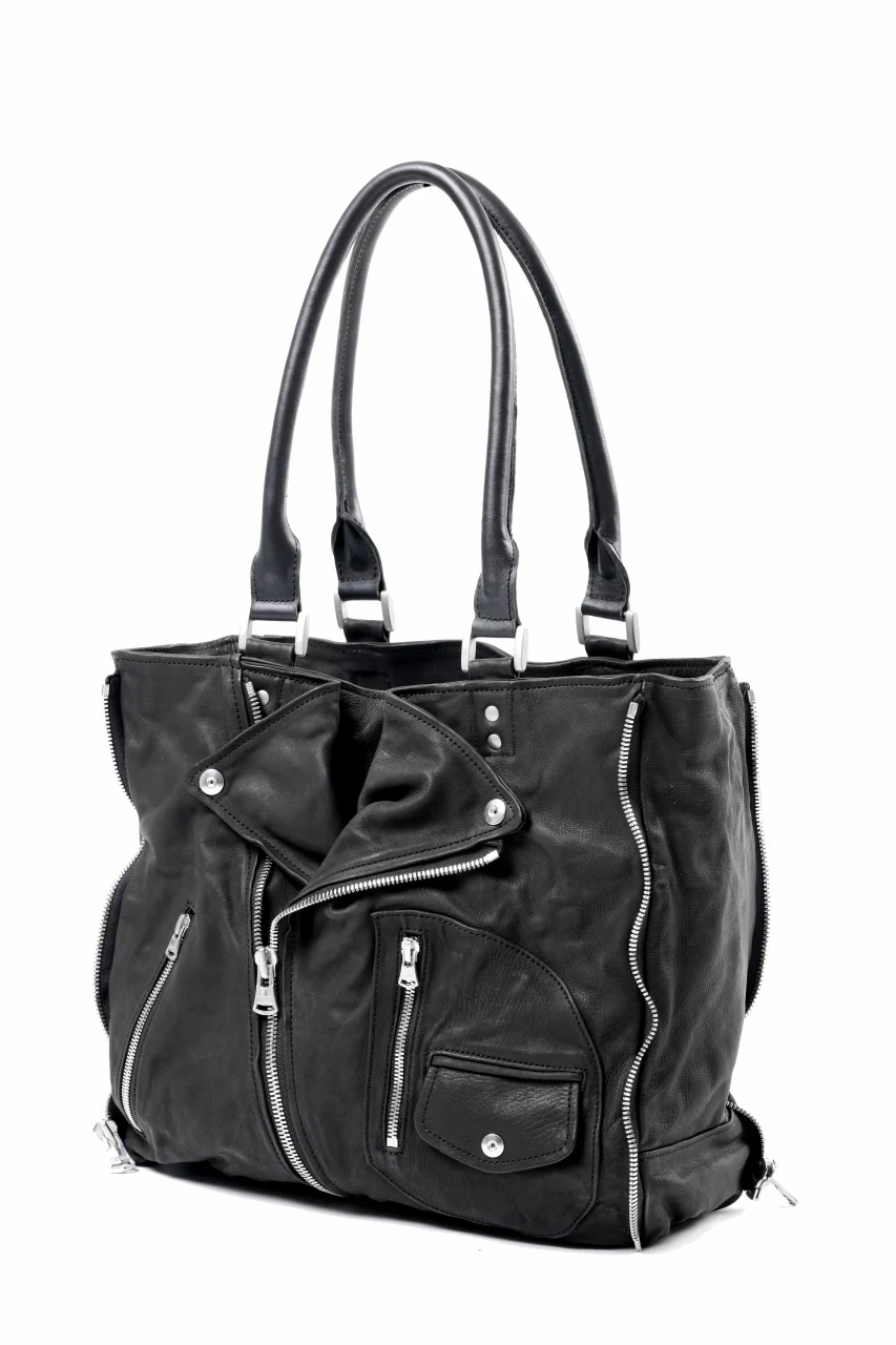 ISAMU KATAYAMA BACKLASH JAPAN CALF GARMENT-WASH RIDERS TOTE BAG (BLACK) - Image 2
