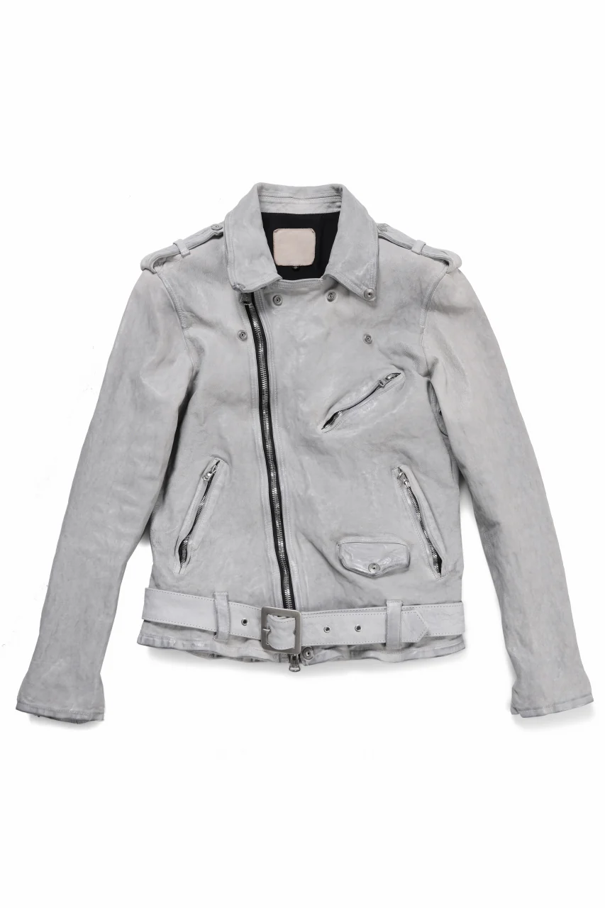 ISAMU KATAYAMA BACKLASH JP-CALF NATURAL DYED GARMENT-WASH DOUBLE RIDERS JACKET (WHITE) - Image 2