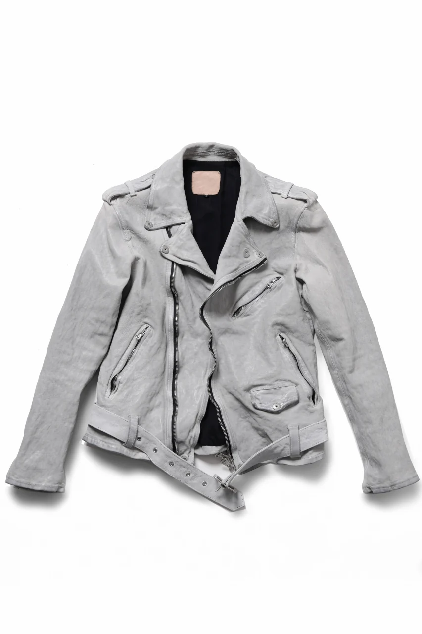 ISAMU KATAYAMA BACKLASH JP-CALF NATURAL DYED GARMENT-WASH DOUBLE RIDERS JACKET (WHITE) - Image 4