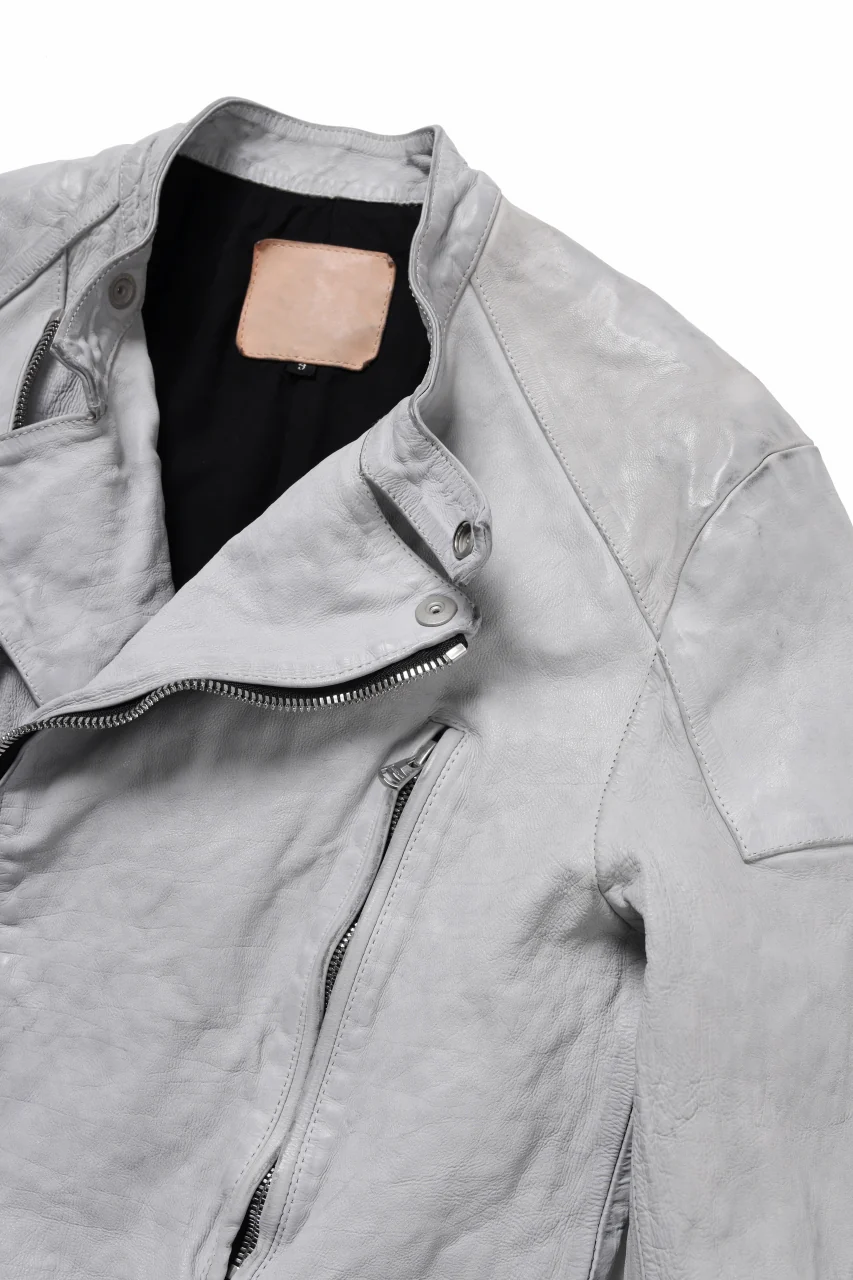 ISAMU KATAYAMA BACKLASH JP-CALF NATURAL DYED GARMENT-WASH SEMI-DOUBLE RIDERS JACKET (WHITE) - Image 10