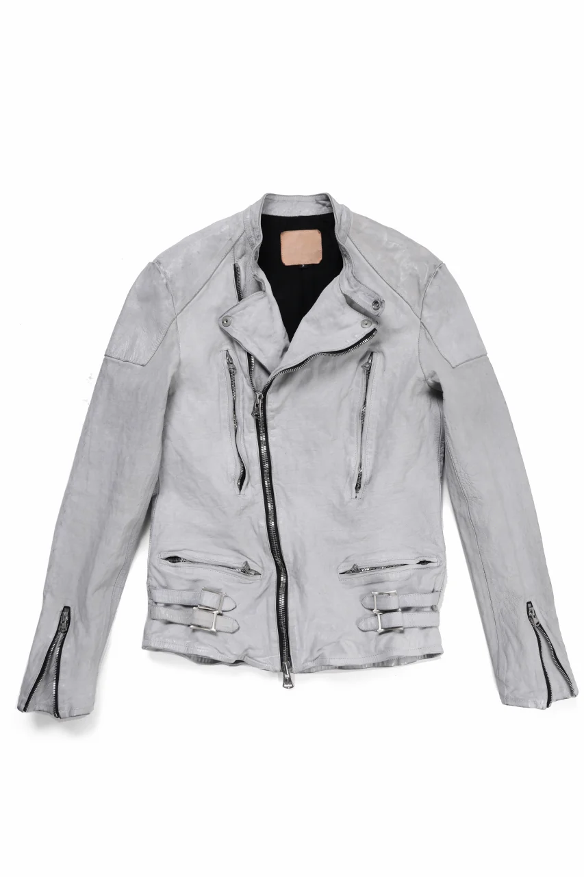 ISAMU KATAYAMA BACKLASH JP-CALF NATURAL DYED GARMENT-WASH SEMI-DOUBLE RIDERS JACKET (WHITE) - Image 3