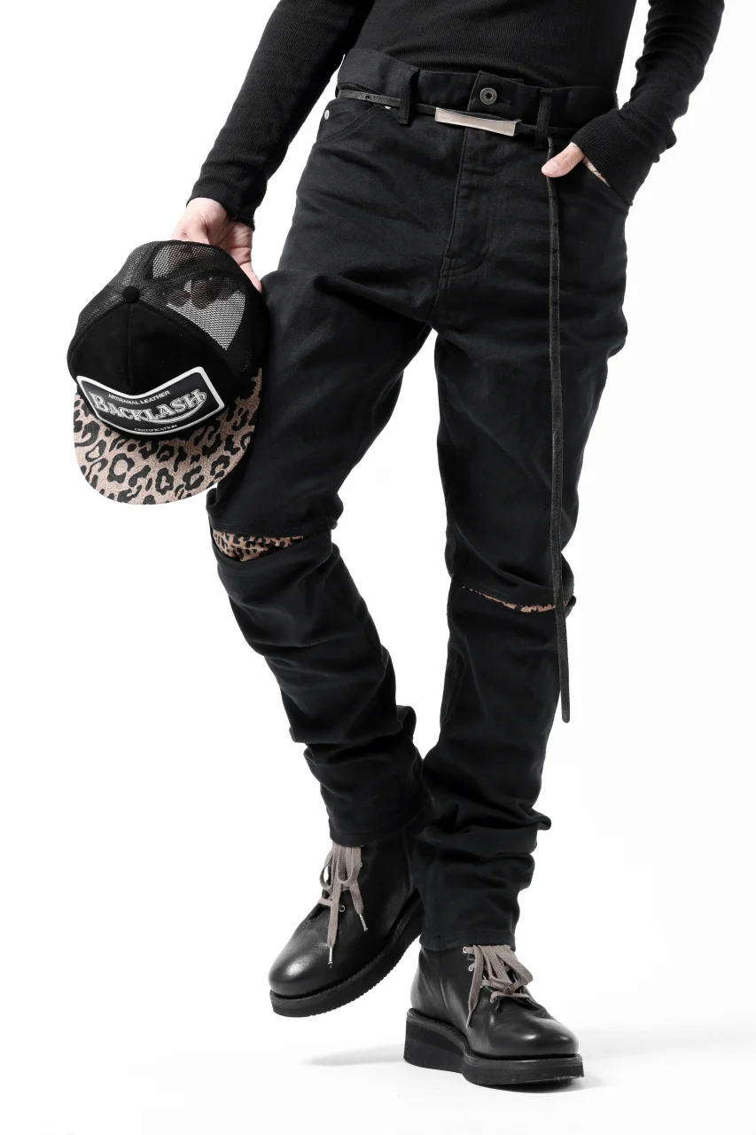 ISAMU KATAYAMA BACKLASH LEOPARD LEATHER KNEE PADS SLIM PANTS / "京都紋付 - 漆黒染" 13oz STRETCH DENIM (BLACK) - Image 29