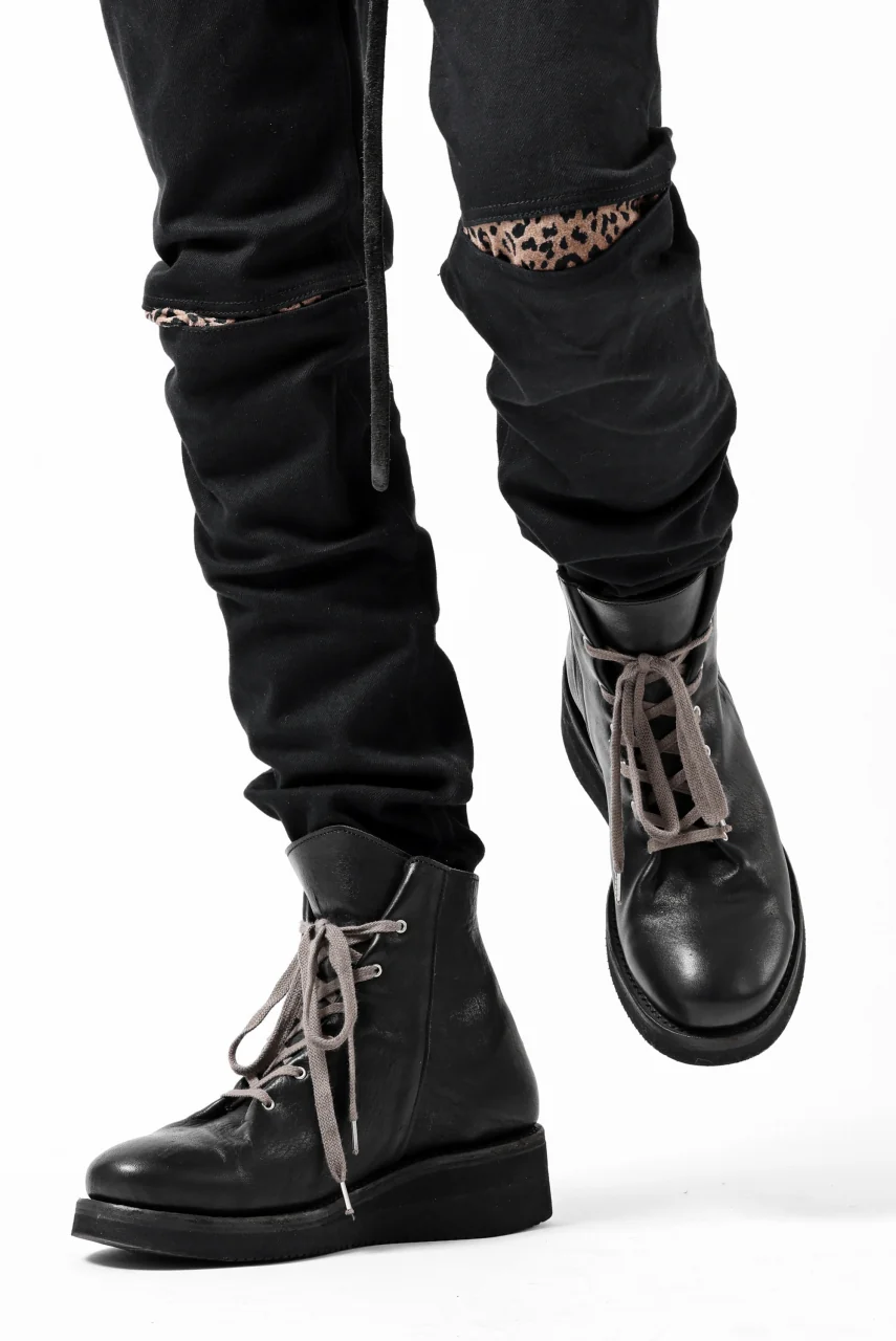 ISAMU KATAYAMA BACKLASH LEOPARD LEATHER KNEE PADS SLIM PANTS / "京都紋付 - 漆黒染" 13oz STRETCH DENIM (BLACK) - Image 34