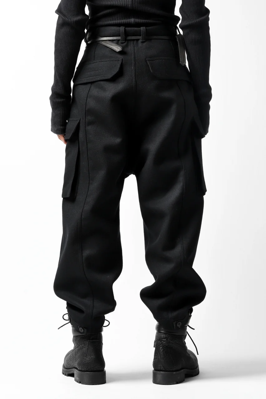 ISAMU KATAYAMA BACKLASH LOW CROTCH CARGO PANTS / CASHMERE WOOL MELTON (BLACK) - Image 6