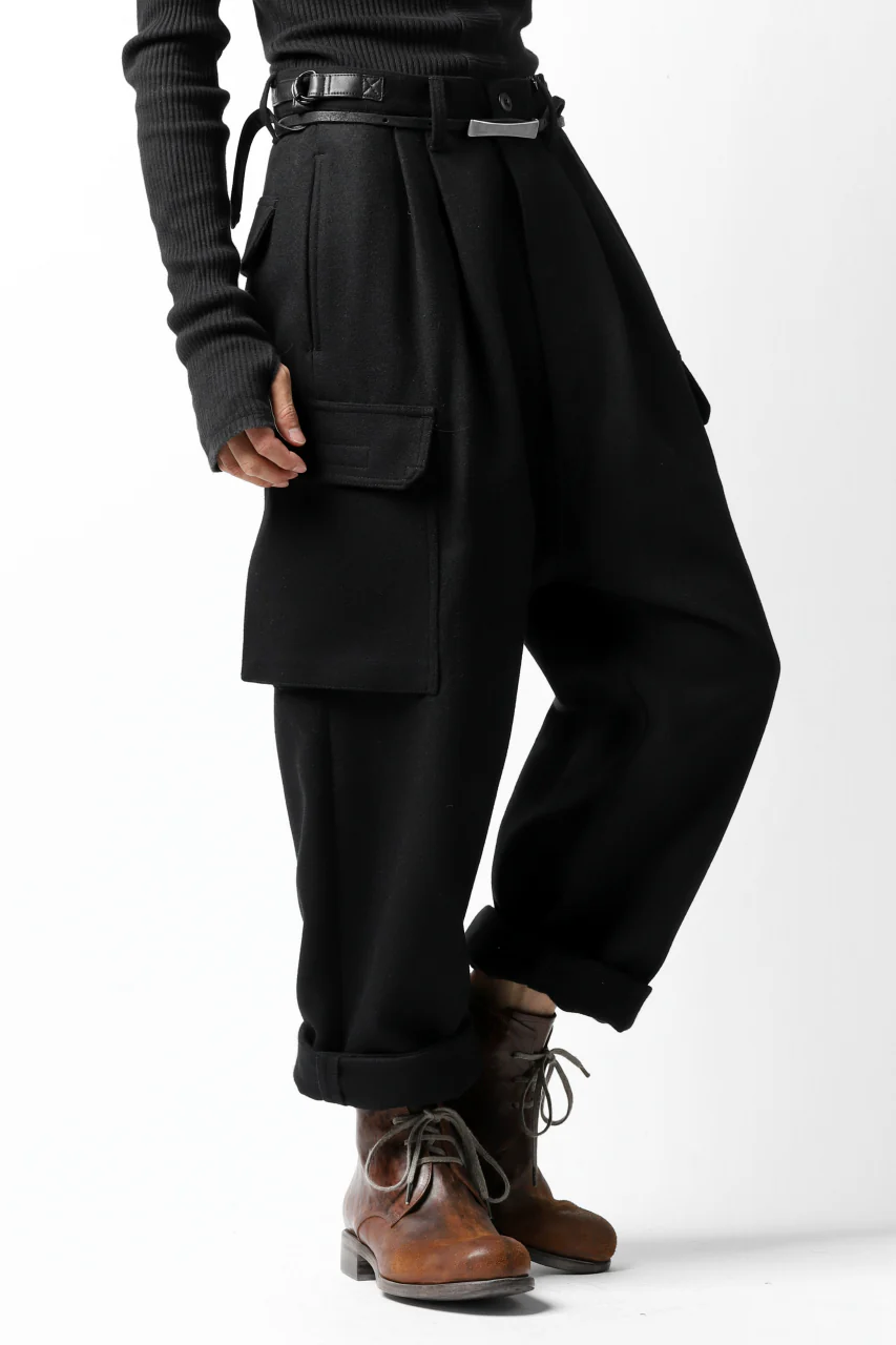 ISAMU KATAYAMA BACKLASH LOW CROTCH CARGO PANTS / CASHMERE WOOL MELTON (BLACK) - Image 7