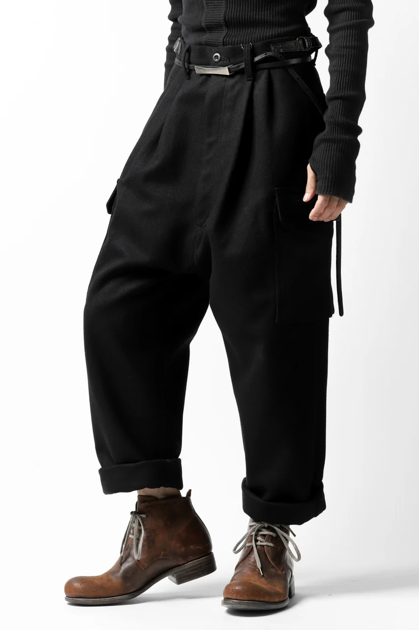ISAMU KATAYAMA BACKLASH LOW CROTCH CARGO PANTS / CASHMERE WOOL MELTON (BLACK) - Image 8