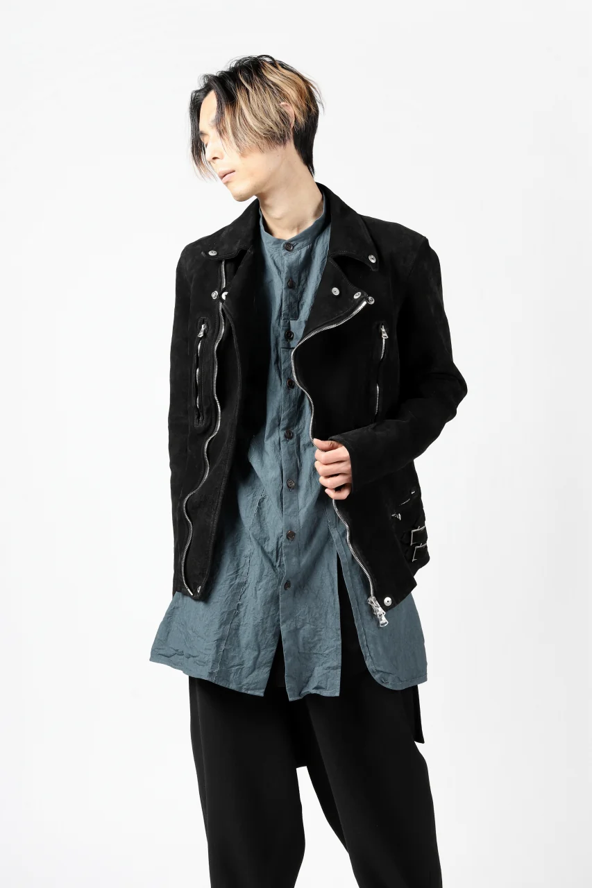 ISAMU KATAYAMA BACKLASH LTG DOUBLE BREASTED JACKET / REVERSE CALF OBJECT DYED (BLACK) - Image 48