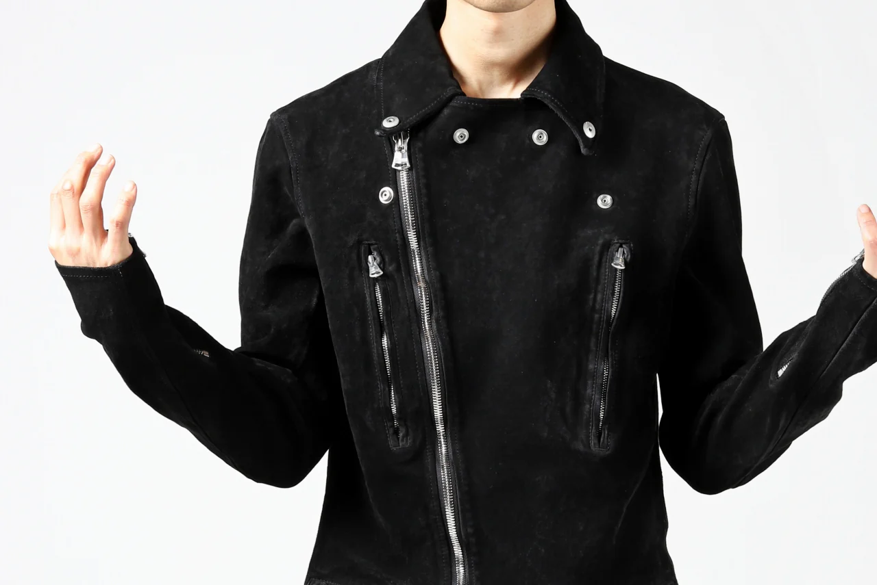 ISAMU KATAYAMA BACKLASH LTG DOUBLE BREASTED JACKET / REVERSE CALF OBJECT DYED (BLACK) - Image 61