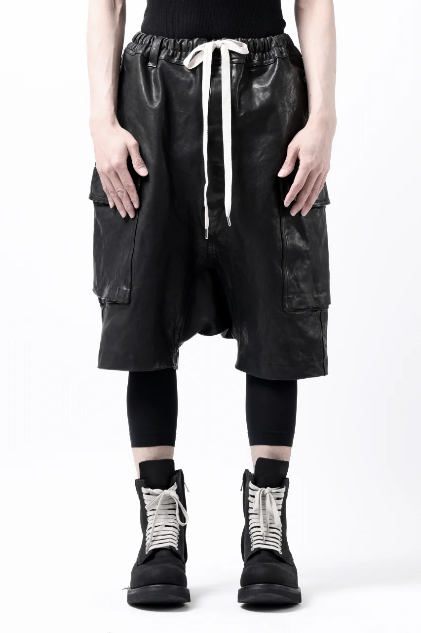 ISAMU KATAYAMA BACKLASH MARYAM LEATHER SARROUEL SHORTS / GARMENT DYED - ITALY KIP (BLACK) - Image 3
