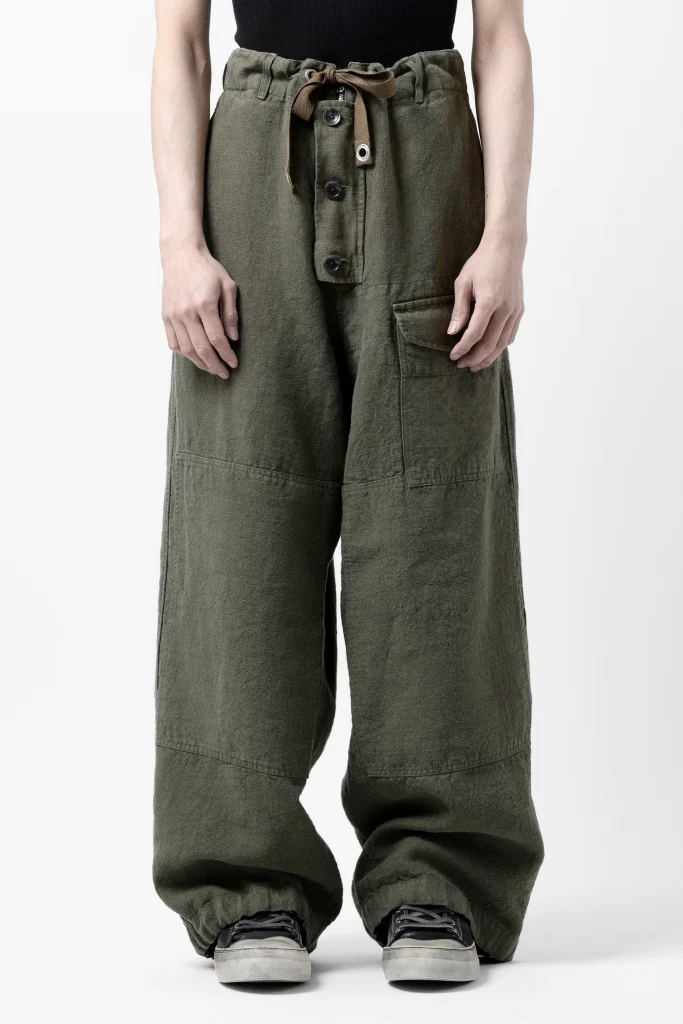 ISAMU KATAYAMA BACKLASH MILITARY TROUSERS / GARMENT NATURAL DYED LINEN CANVAS (KHAKI) - Image 20