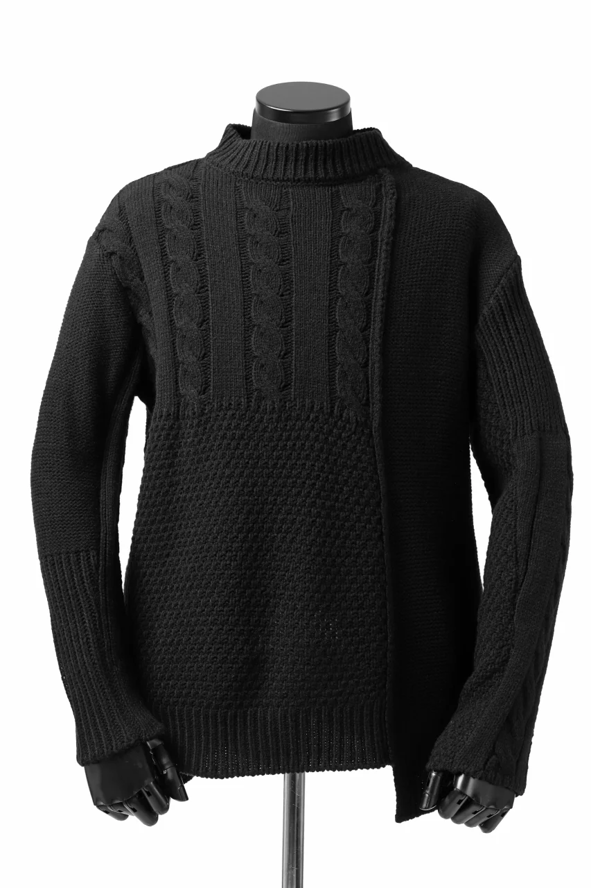 ISAMU KATAYAMA BACKLASH MOCK NECK PATCHWORK KNIT PULLOVER / ALPACA WOOL (BLACK)