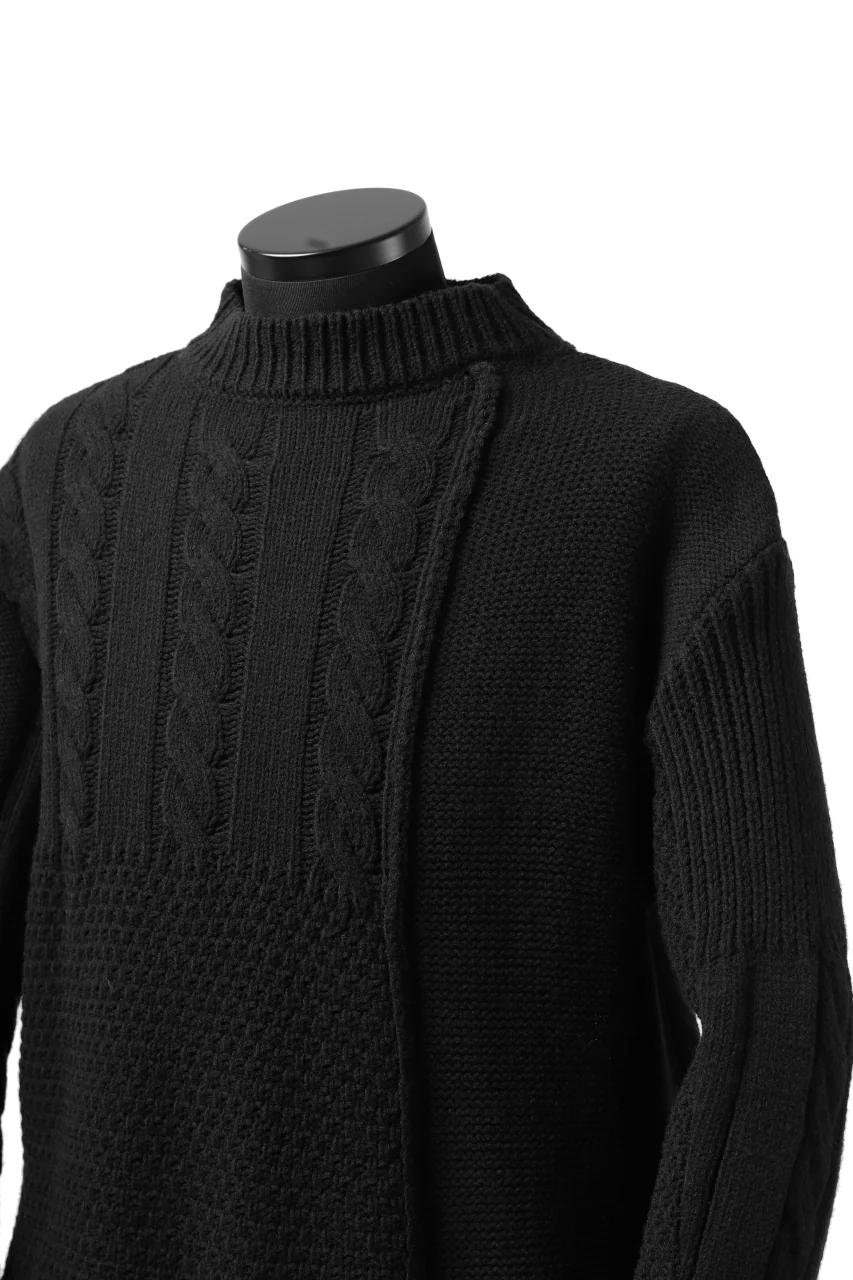 ISAMU KATAYAMA BACKLASH MOCK NECK PATCHWORK KNIT PULLOVER / ALPACA WOOL (BLACK) - Image 11