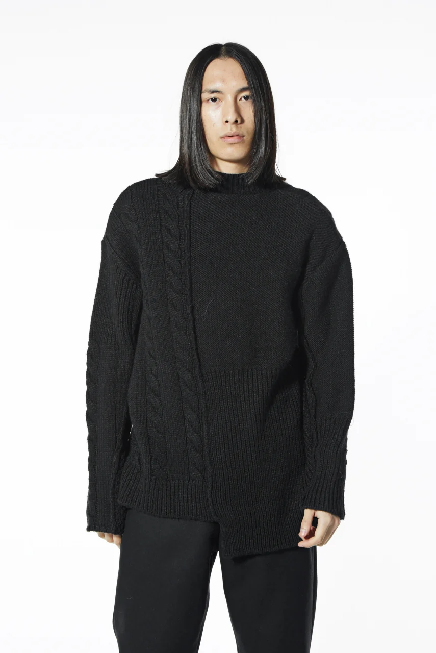 ISAMU KATAYAMA BACKLASH MOCK NECK PATCHWORK KNIT PULLOVER / ALPACA WOOL (BLACK) - Image 15