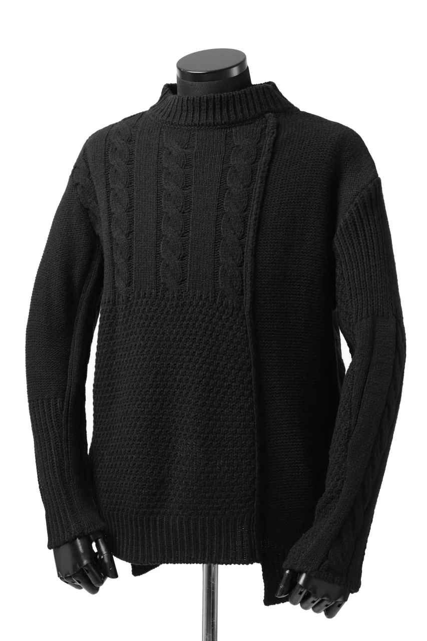 ISAMU KATAYAMA BACKLASH MOCK NECK PATCHWORK KNIT PULLOVER / ALPACA WOOL (BLACK) - Image 2