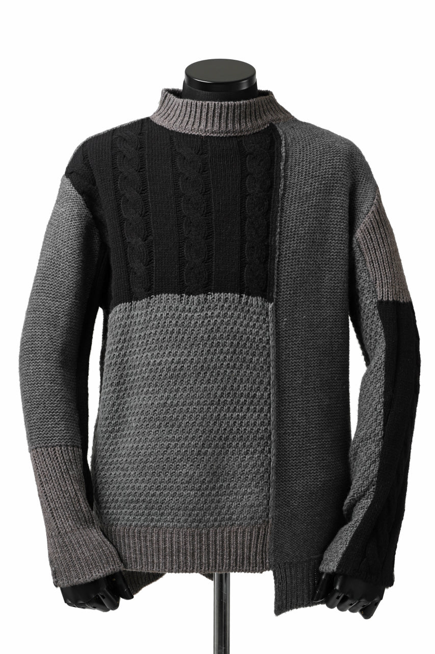 ISAMU KATAYAMA BACKLASH MOCK NECK PATCHWORK KNIT PULLOVER / ALPACA WOOL (GREY)