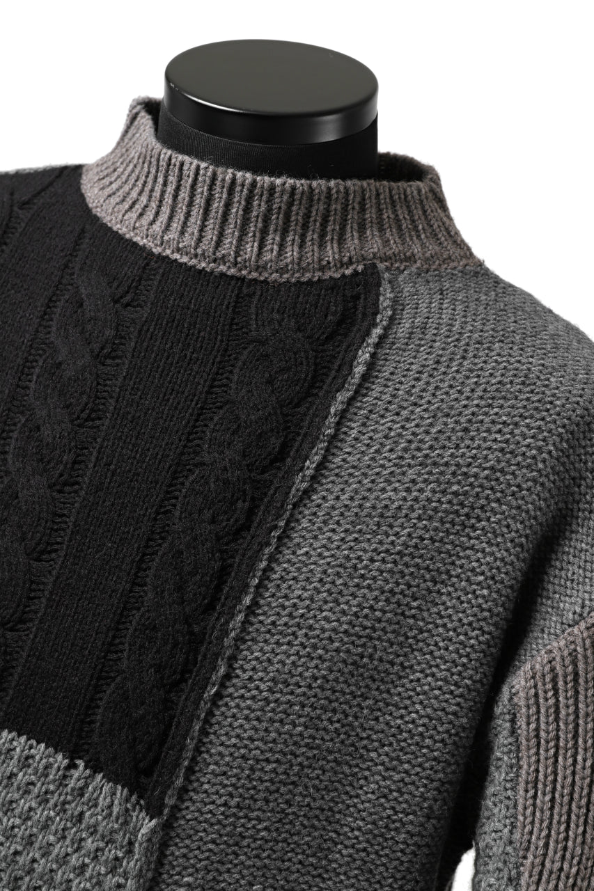 ISAMU KATAYAMA BACKLASH MOCK NECK PATCHWORK KNIT PULLOVER / ALPACA WOOL (GREY) - Image 10