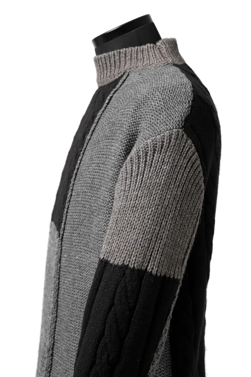ISAMU KATAYAMA BACKLASH MOCK NECK PATCHWORK KNIT PULLOVER / ALPACA WOOL (GREY) - Image 11
