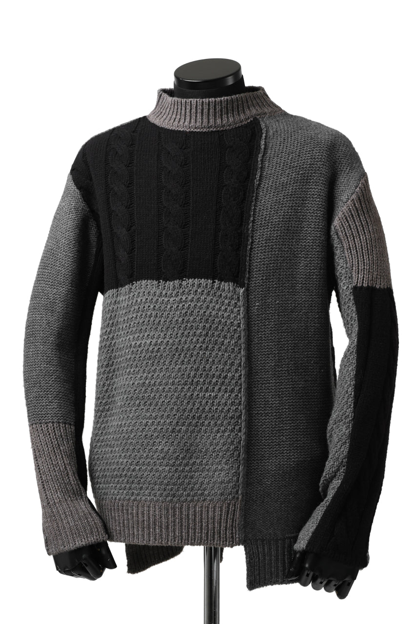 ISAMU KATAYAMA BACKLASH MOCK NECK PATCHWORK KNIT PULLOVER / ALPACA WOOL (GREY) - Image 2