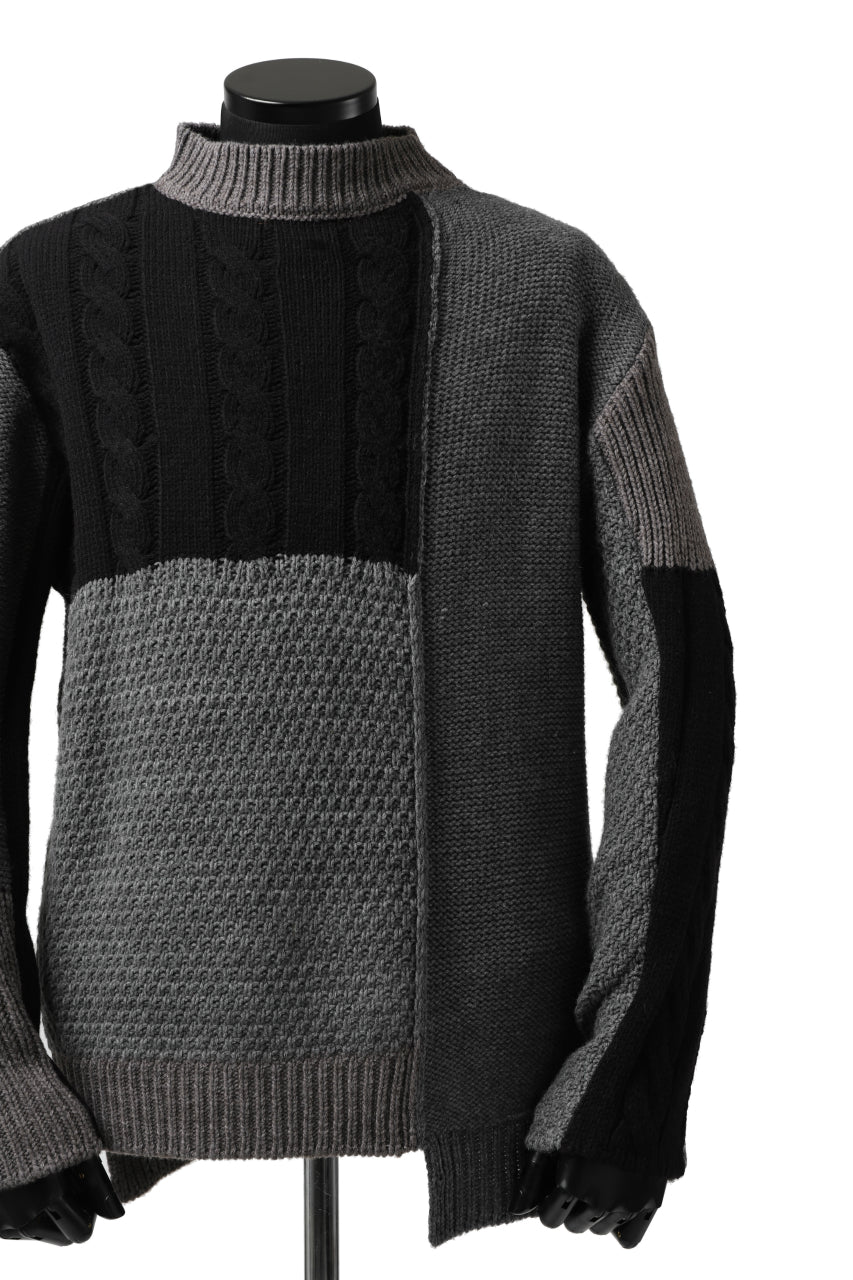 ISAMU KATAYAMA BACKLASH MOCK NECK PATCHWORK KNIT PULLOVER / ALPACA WOOL (GREY) - Image 5