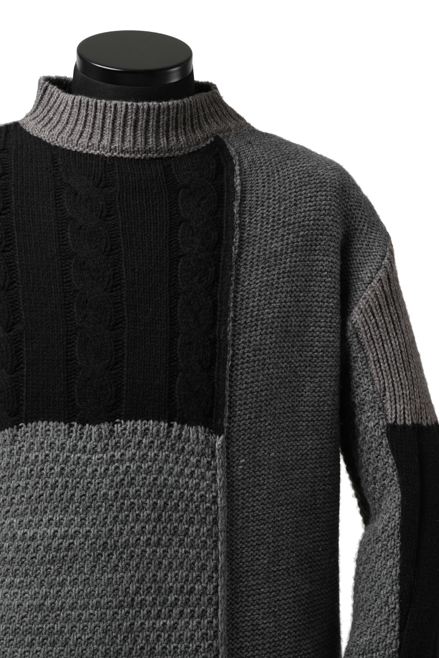 ISAMU KATAYAMA BACKLASH MOCK NECK PATCHWORK KNIT PULLOVER / ALPACA WOOL (GREY) - Image 6