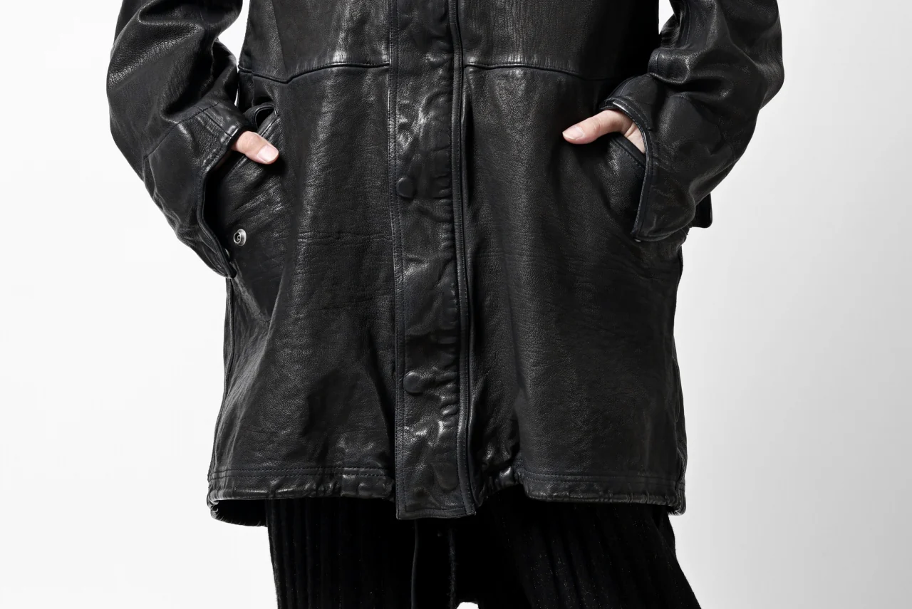 ISAMU KATAYAMA BACKLASH MODS COAT / GOAT LEATHER (GARMENT+SPRAY DYED / BLACK) - Image 96