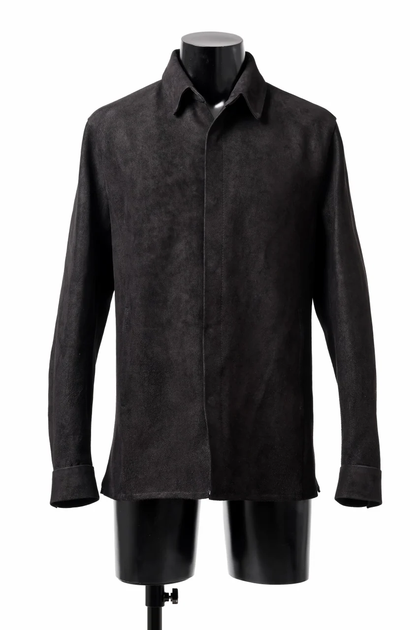 ISAMU KATAYAMA BACKLASH REVERSE LEATHER SHIRT / DOUBLE DYED - JP WET WHITE CALF (BLACK)